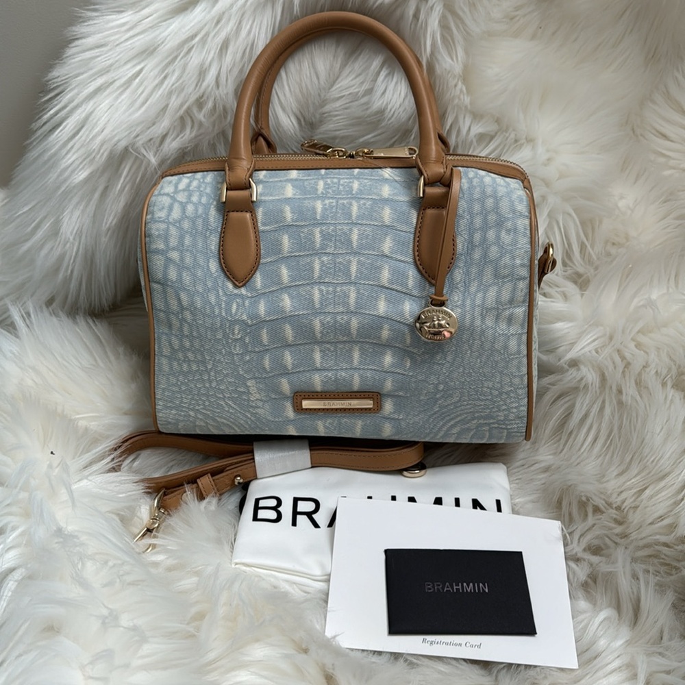 Brahmin Stacy Satchel Bag Croc Embossed Light Denim Quinze Tan Leather Accents - Picture 4 of 16